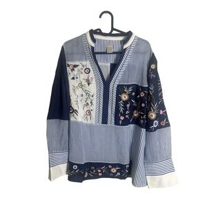 Chicos V-Neck Boho Shirt Blue Embroidered Print Long Sleeve Top Sz 2 (12-14)